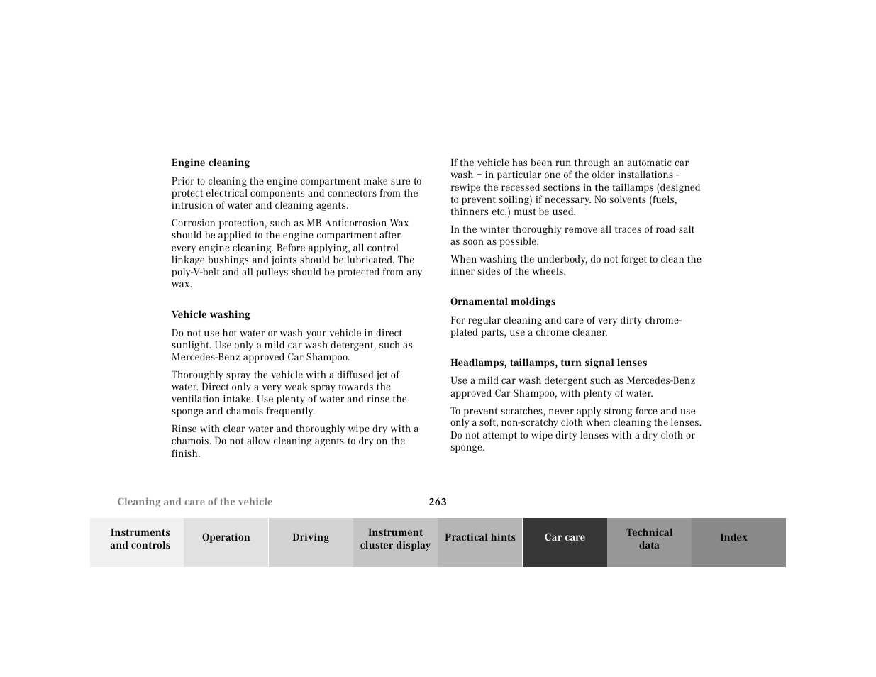 Engine cleaning, Vehicle washing, Ornamental moldings | Headlamps, taillamps, turn signal lenses | Mercedes-Benz 2000 SL-Class User Manual | Page 267 / 297