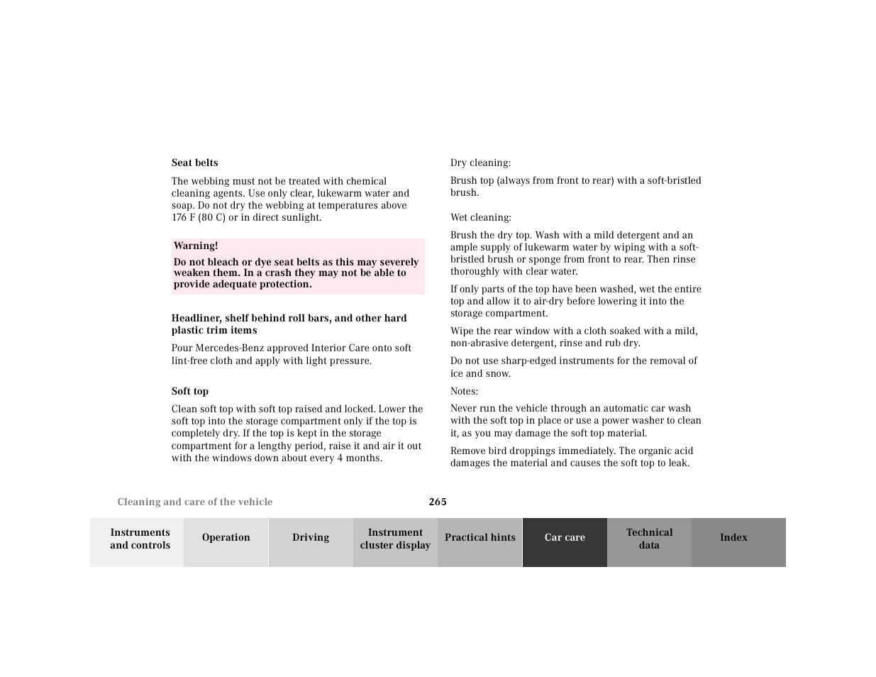 Seat belts, Table, Table body | Table row, Warning, Soft top, Dry cleaning, Wet cleaning, Notes | Mercedes-Benz 2000 SL-Class User Manual | Page 269 / 297