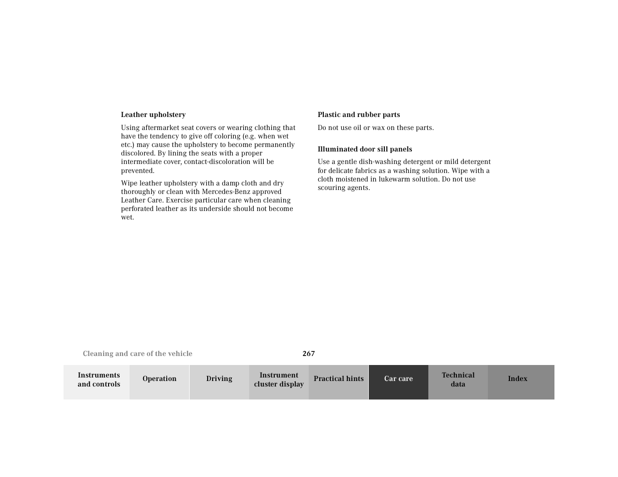 Leather upholstery, Plastic and rubber parts, Do not use oil or wax on these parts | Illuminated door sill panels | Mercedes-Benz 2000 SL-Class User Manual | Page 271 / 297