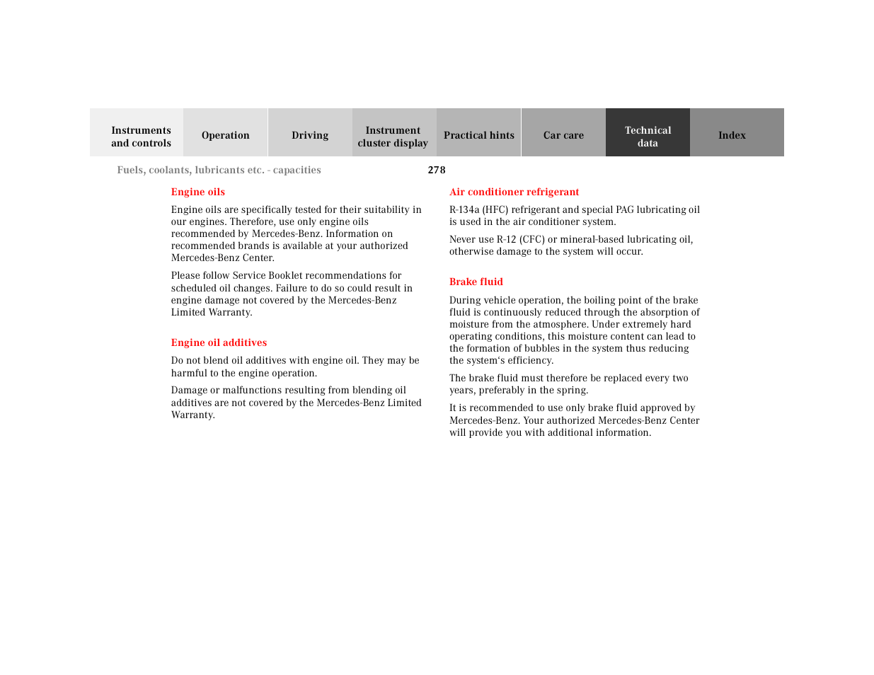Engine oils, Engine oil additives, Air conditioner refrigerant | Brake fluid, E 278 | Mercedes-Benz 2000 SL-Class User Manual | Page 282 / 297