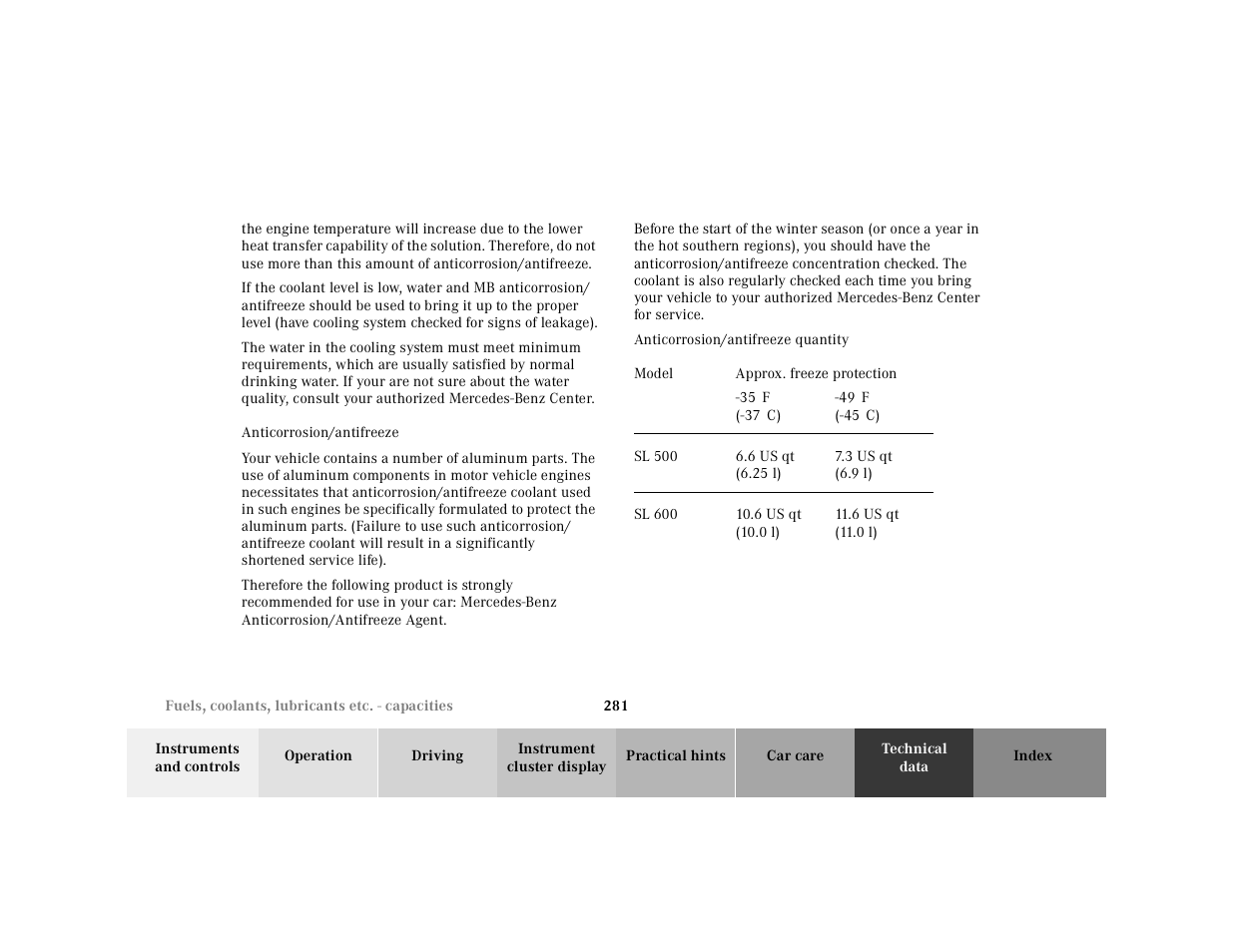 Anticorrosion/antifreeze, Anticorrosion/antifreeze quantity | Mercedes-Benz 2000 SL-Class User Manual | Page 285 / 297