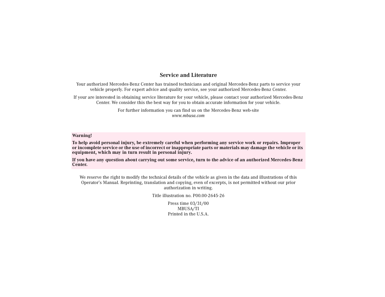 Service and literature, Table, Table body | Table row, Warning, Titleillustrationno.p00.00-2645-26, Press time 03/31/00 mbusa/ti printed in the u.s.a | Mercedes-Benz 2000 SL-Class User Manual | Page 297 / 297