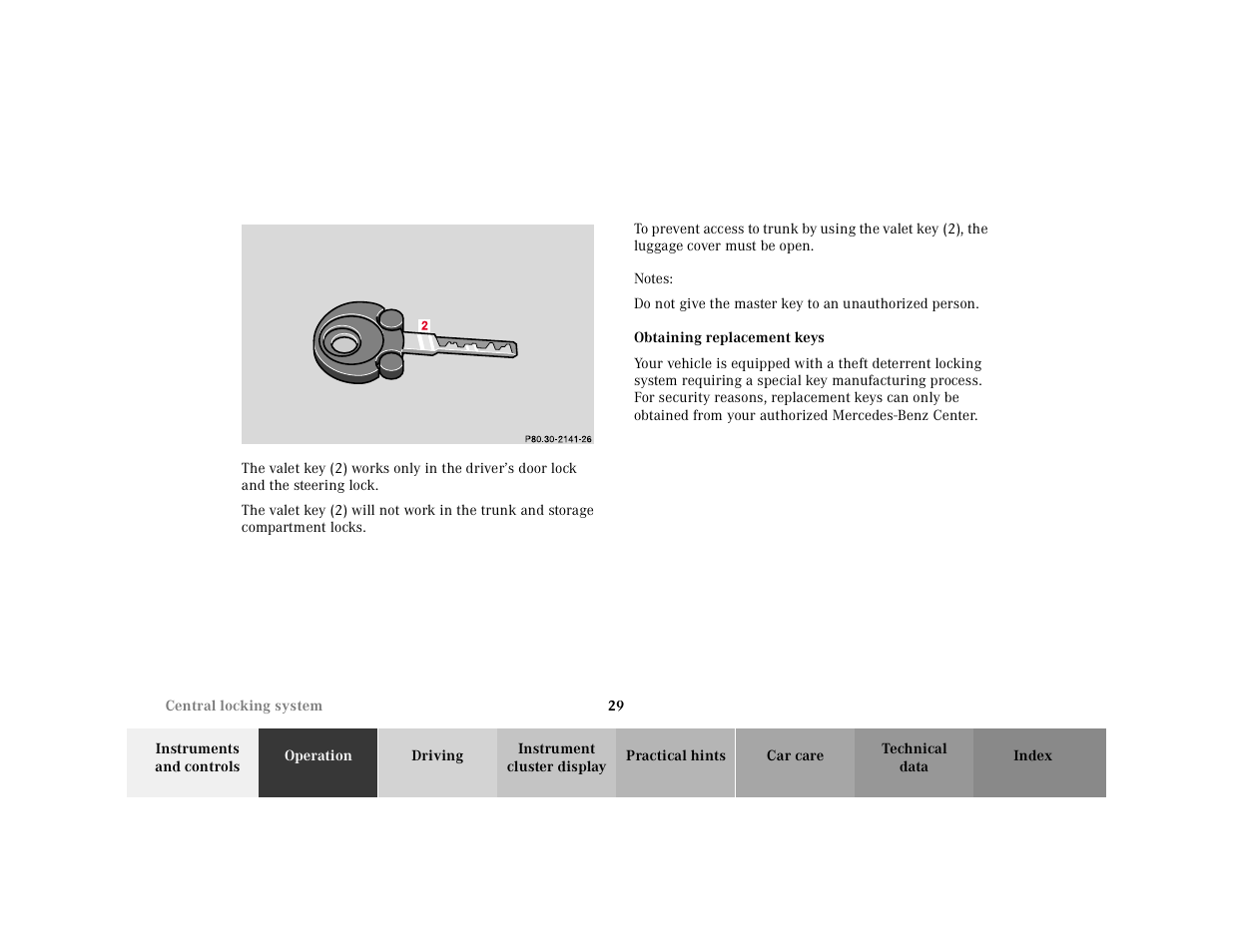 Graphic, Keys:valet key, Notes | Obtaining replacement keys | Mercedes-Benz 2000 SL-Class User Manual | Page 33 / 297
