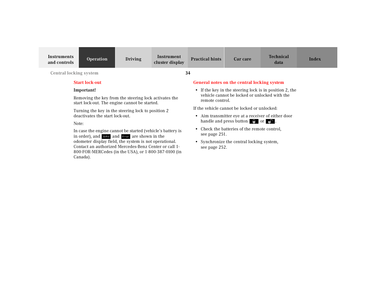 Start lock-out, Important, Note | General notes on the central locking system, If the vehicle cannot be locked or unlocked | Mercedes-Benz 2000 SL-Class User Manual | Page 38 / 297