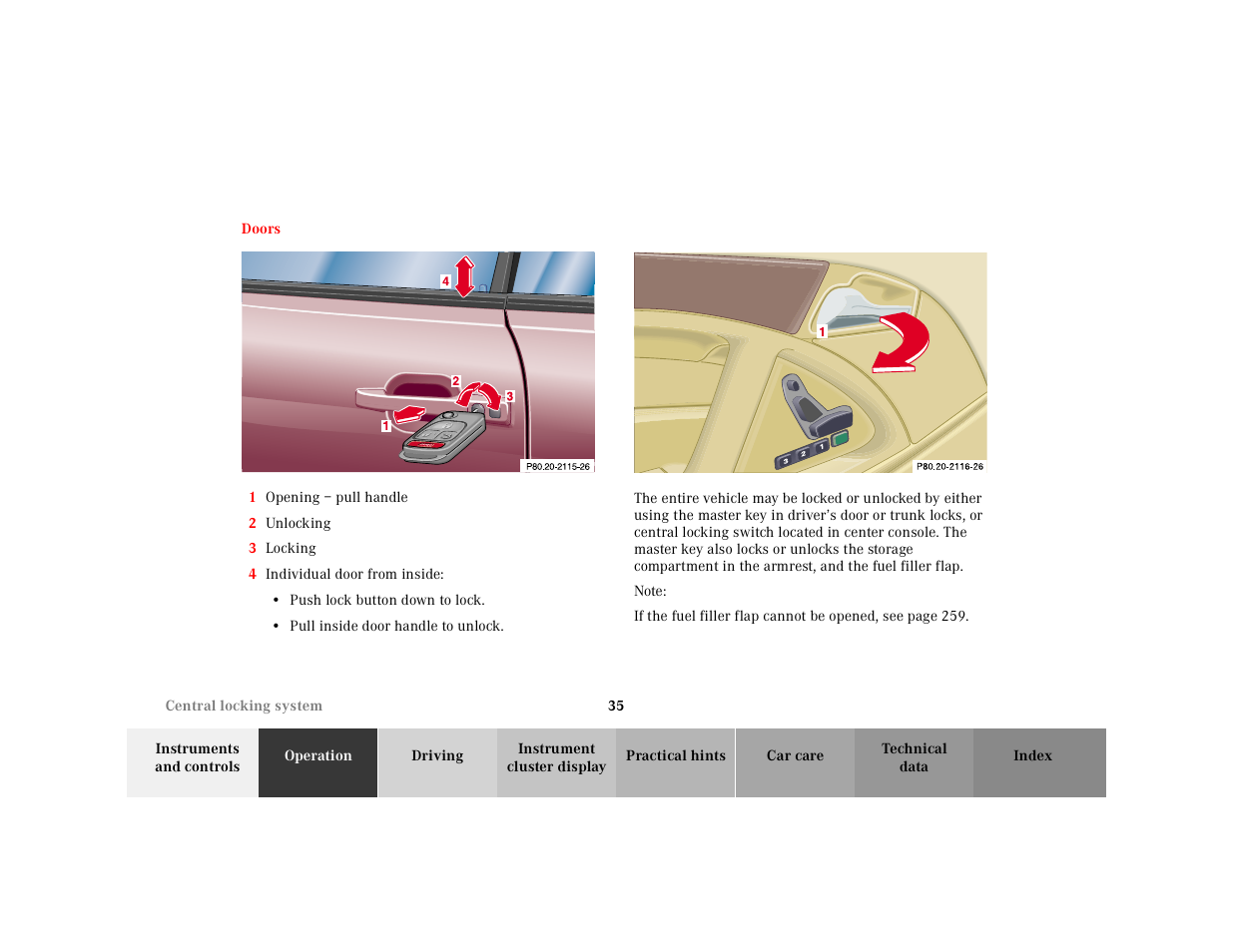 Doors, Graphic, 1 opening – pull handle | 2 unlocking, 3 locking, 4 individual door from inside, P72.10-2110-26, Note | Mercedes-Benz 2000 SL-Class User Manual | Page 39 / 297