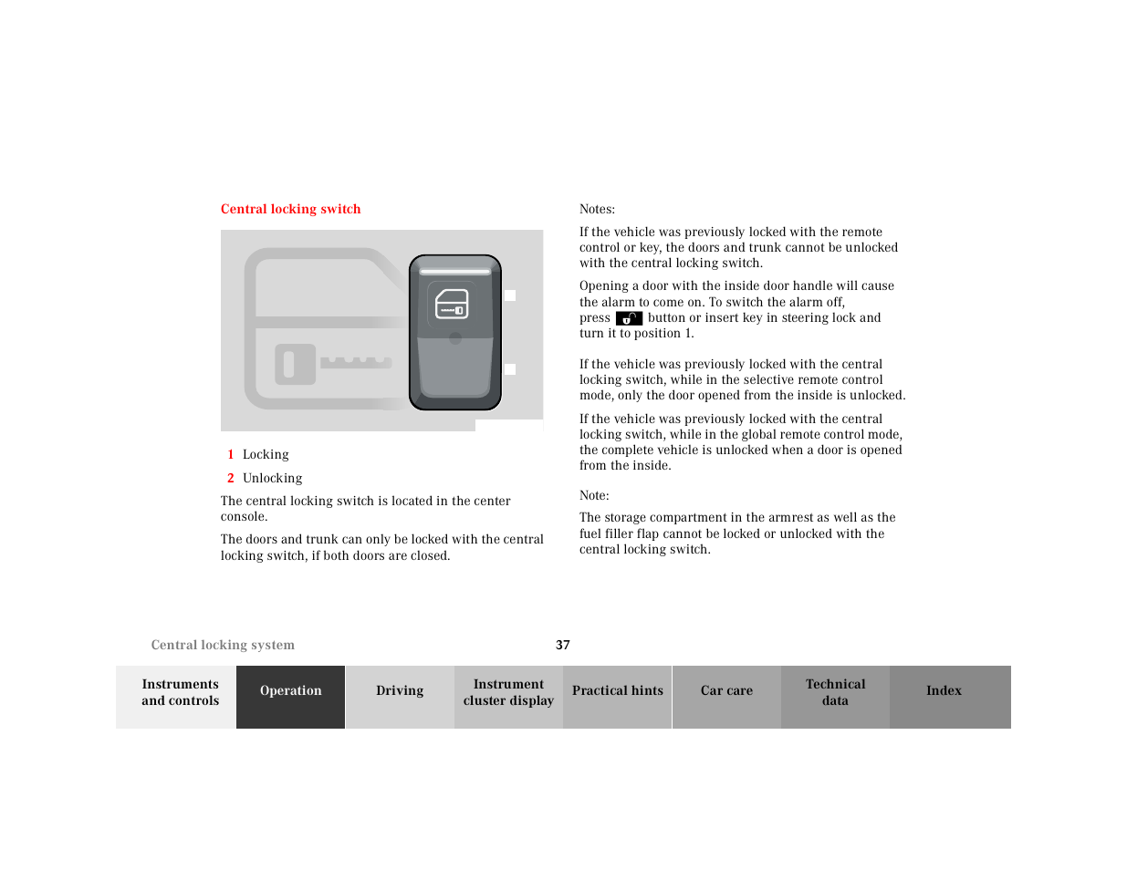 Central locking switch, Graphic, 1 locking | 2 unlocking, Notes, Note | Mercedes-Benz 2000 SL-Class User Manual | Page 41 / 297