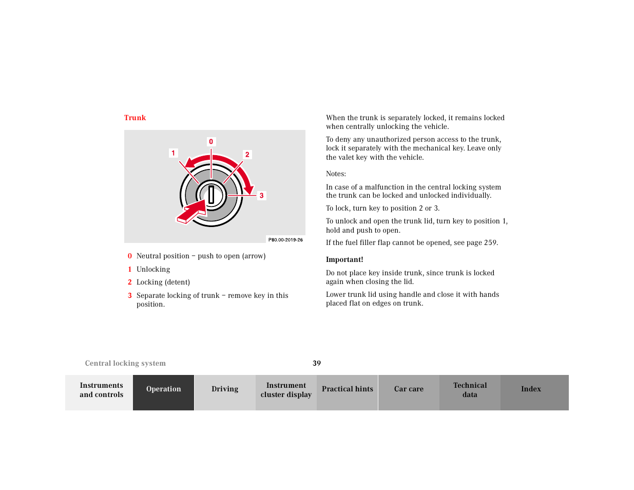 Emergency unlocking in case of accident, Graphic, 0 neutral position – push to open (arrow) | 1 unlocking, 2 locking (detent), Notes, To lock, turn key to position2 or3, Important | Mercedes-Benz 2000 SL-Class User Manual | Page 43 / 297