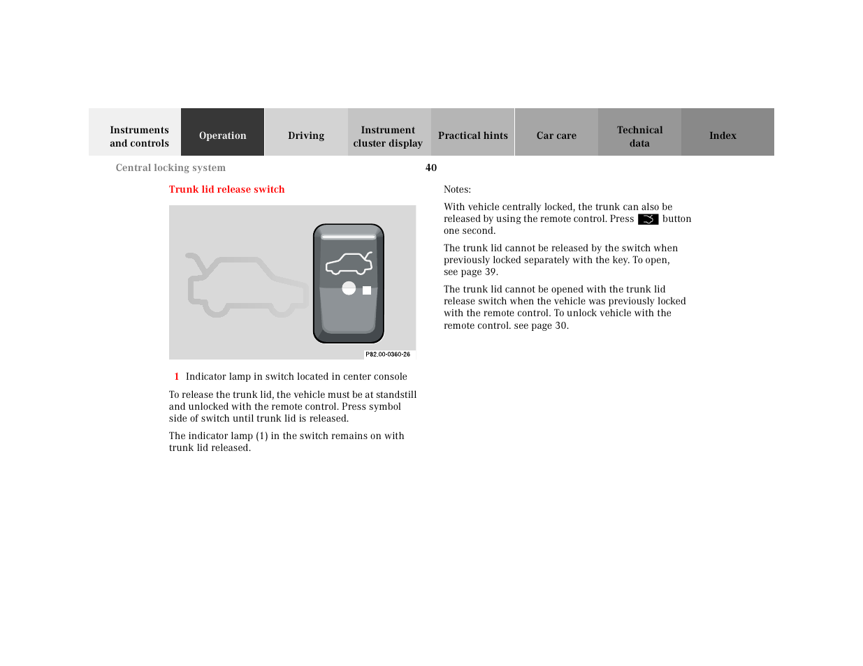 Trunk lid release switch, Graphic, Notes | Mercedes-Benz 2000 SL-Class User Manual | Page 44 / 297
