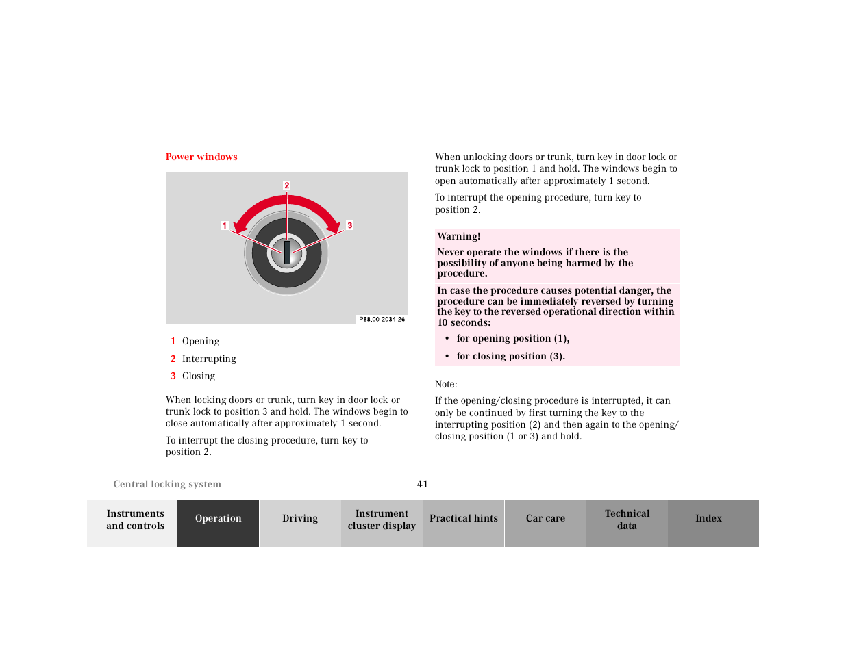 Power windows, Graphic, 1 opening | 2 interrupting, 3 closing, Table, Table body, Table row, Warning, For opening position(1) | Mercedes-Benz 2000 SL-Class User Manual | Page 45 / 297
