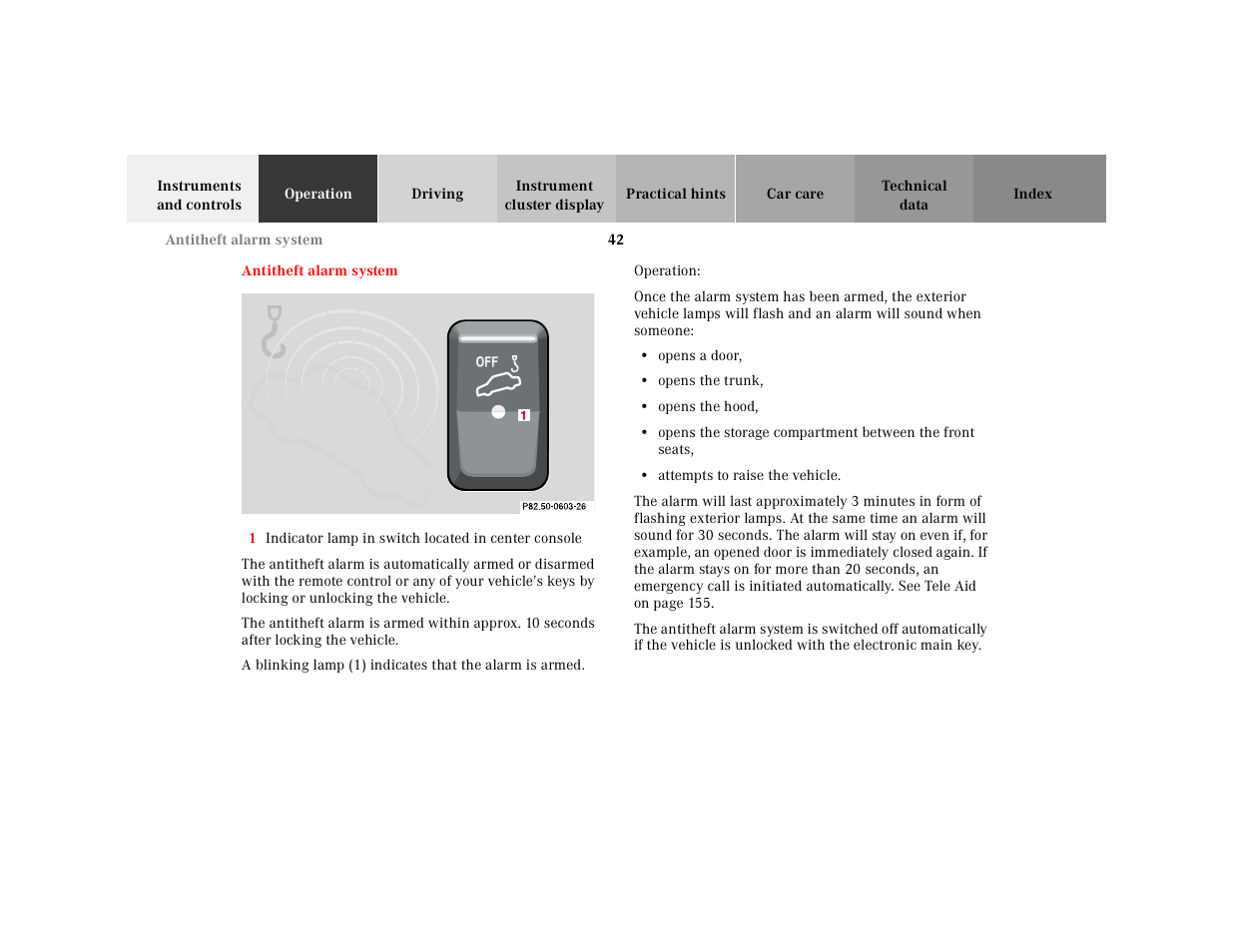 Antitheft alarm system, Graphic, Operation | Opens a door, Opens the trunk, Opens the hood, Attempts to raise the vehicle | Mercedes-Benz 2000 SL-Class User Manual | Page 46 / 297