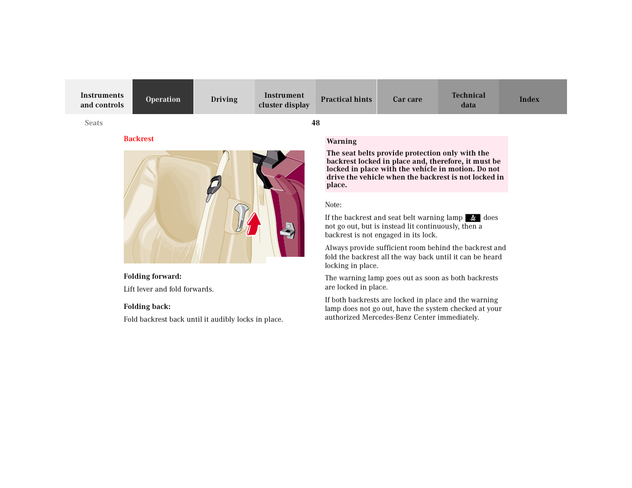 Backrest, Graphic, Folding forward | Lift lever and fold forwards, Folding back, Fold backrest back until it audibly locks in place, Table, Table body, Table row, Warning | Mercedes-Benz 2000 SL-Class User Manual | Page 52 / 297