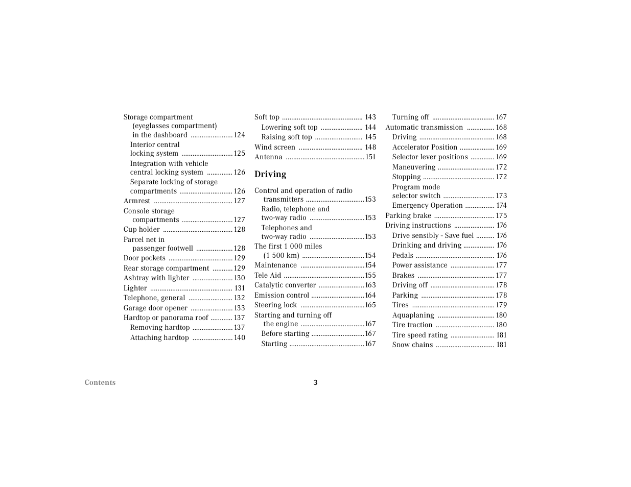Interior central locking system 125, Separate locking of storage compartments 126, Armrest 127 | Console storage compartments 127, Cup holder 128, Parcel net in passenger footwell 128, Door pockets 129, Rear storage compartment 129, Ashtray with lighter 130, Lighter 131 | Mercedes-Benz 2000 SL-Class User Manual | Page 6 / 297