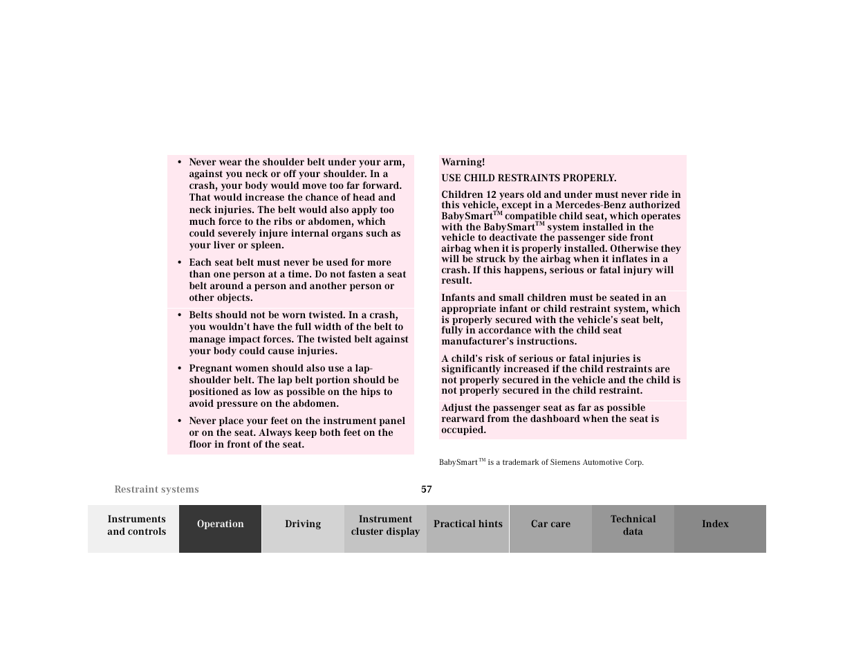 Table row, Table, Table body | Warning, Use child restraints properly, Babysmart | Mercedes-Benz 2000 SL-Class User Manual | Page 61 / 297