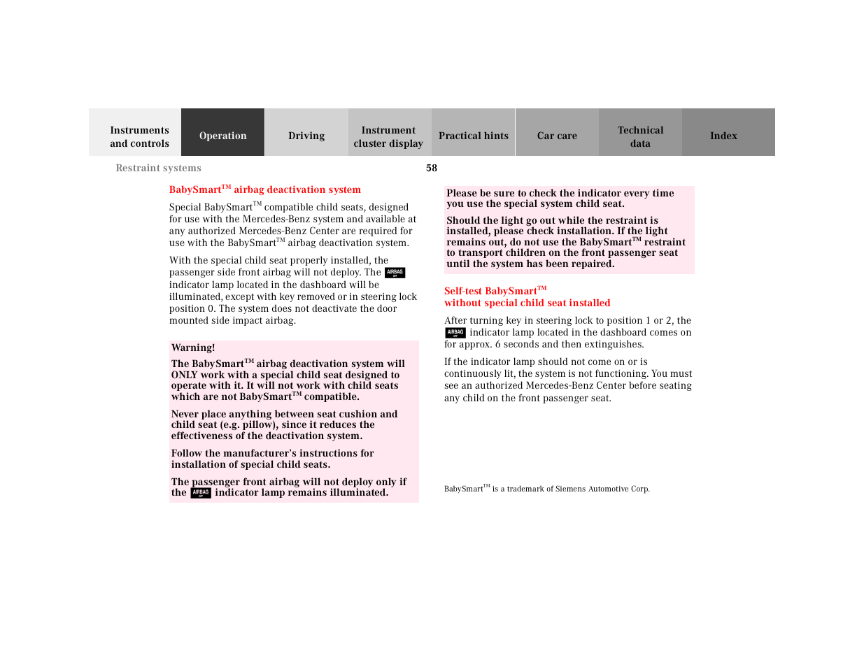 Babysmarttm airbag deactivation system, Special babysmart, Table | Table body, Table row, Warning, The babysmart, Self-test babysmart, Babysmart | Mercedes-Benz 2000 SL-Class User Manual | Page 62 / 297