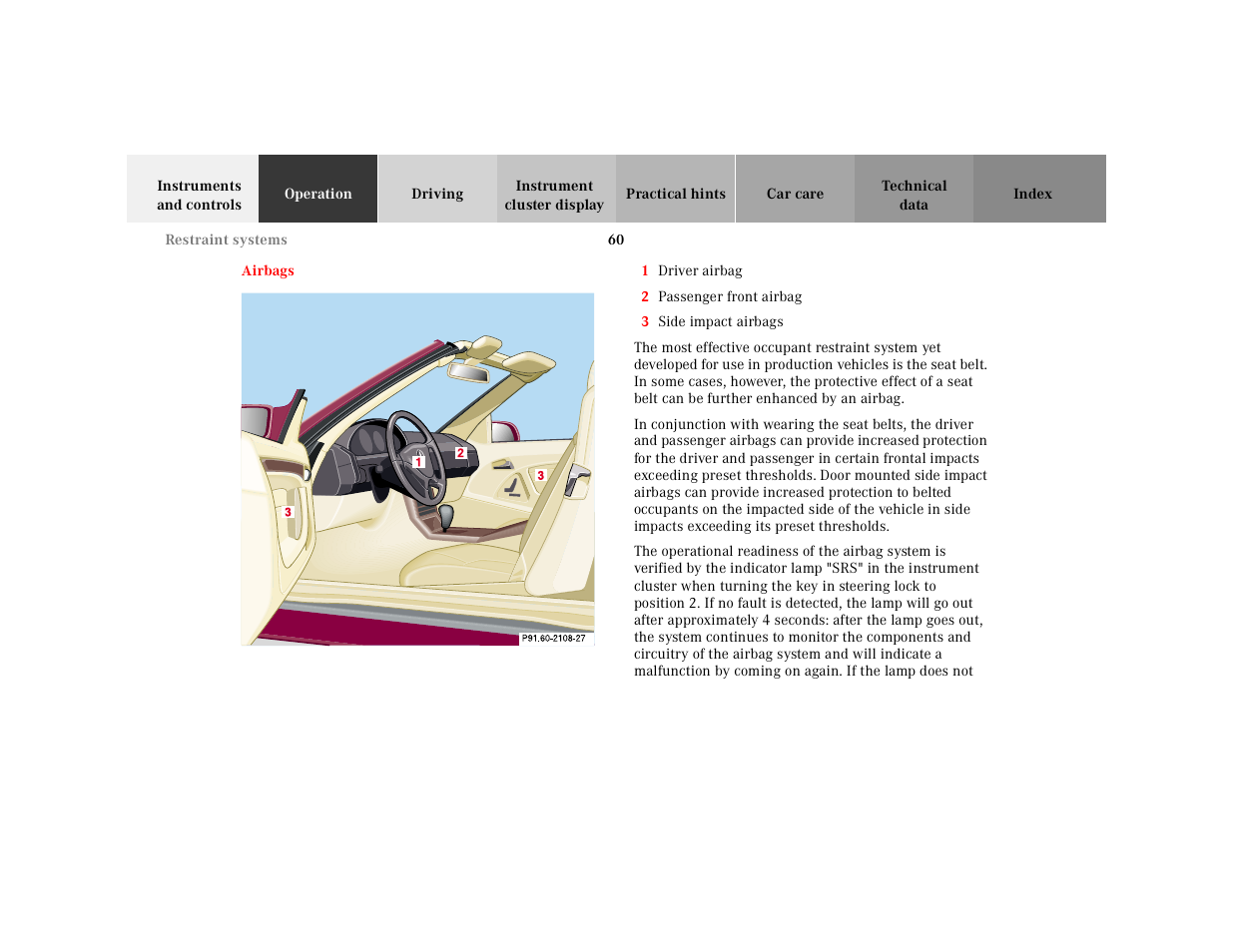 Airbags, Graphic, 1 driver airbag | 2 passenger front airbag, 3 side impact airbags | Mercedes-Benz 2000 SL-Class User Manual | Page 64 / 297