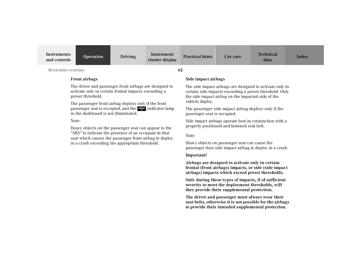 Front airbags, Note, Side impact airbags | Important | Mercedes-Benz 2000 SL-Class User Manual | Page 66 / 297