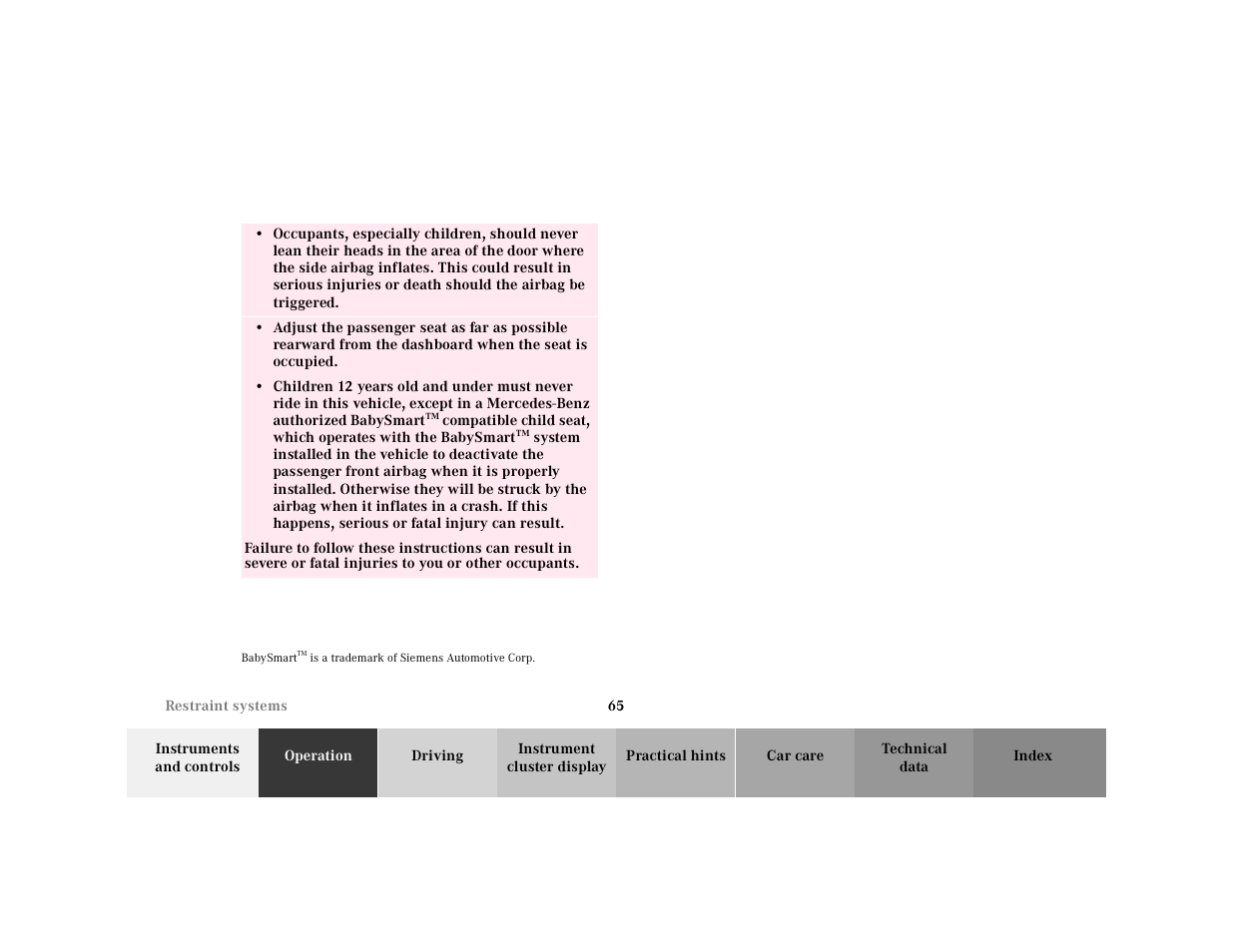 Table row, Babysmart | Mercedes-Benz 2000 SL-Class User Manual | Page 69 / 297