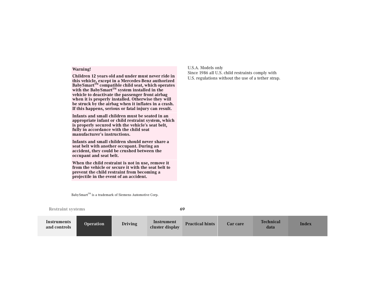 Table row, Warning, Babysmart | Mercedes-Benz 2000 SL-Class User Manual | Page 73 / 297