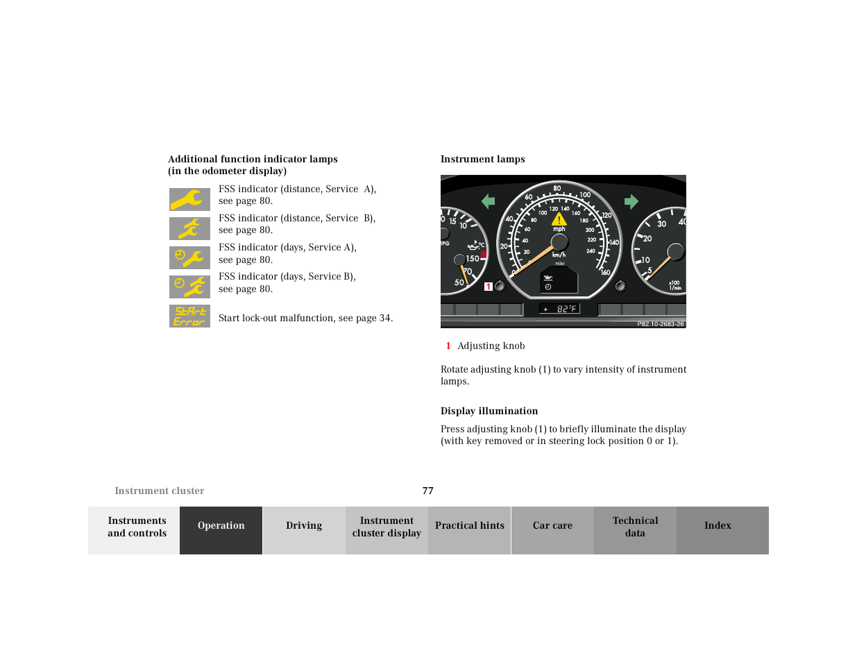 Additional function indicator lamps, Graphic, Instrument lamps | 1 adjusting knob, Display illumination | Mercedes-Benz 2000 SL-Class User Manual | Page 81 / 297