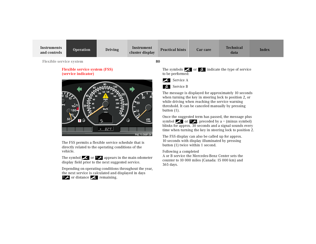Flexible service system (fss), Graphic, The symbol | The symbols, Service a, Service b | Mercedes-Benz 2000 SL-Class User Manual | Page 84 / 297