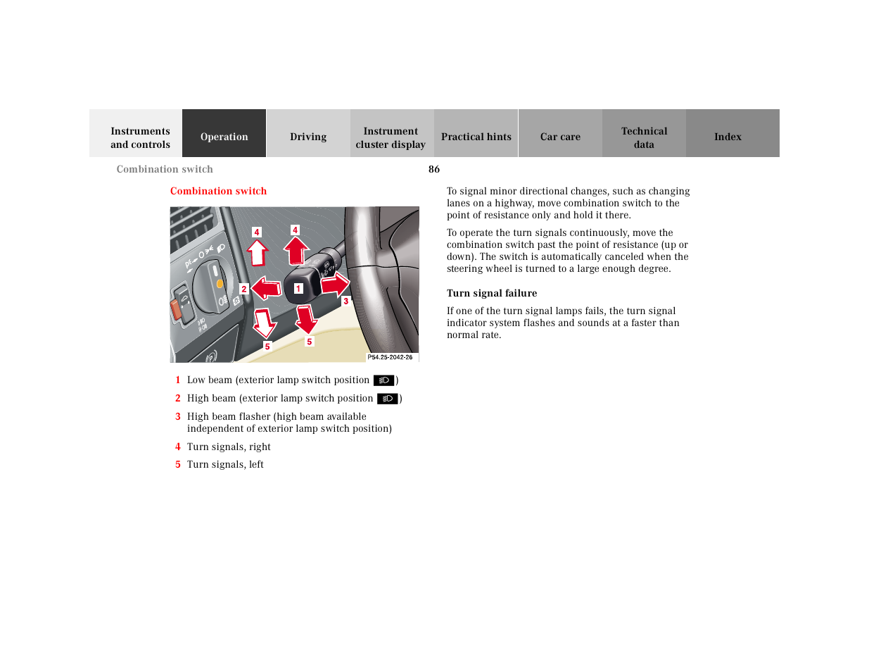 Combination switch, Graphic, 1 low beam (exterior lamp switch position | 2 high beam (exterior lamp switch position, 4 turn signals, right, 5 turn signals, left, Turn signal failure, P54.25-2213-26 | Mercedes-Benz 2000 SL-Class User Manual | Page 90 / 297