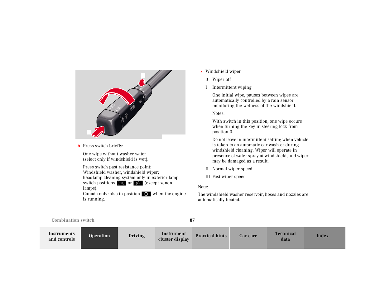 Graphic, Headlamp cleaning system, 7 windshield wiper | Wiper off, Intermittent wiping, Rain sensor, Notes, Normal wiper speed, Fast wiper speed, Note | Mercedes-Benz 2000 SL-Class User Manual | Page 91 / 297
