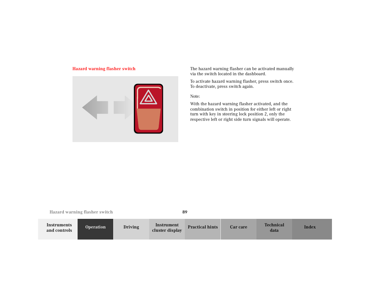 Hazard warning flasher switch, Graphic, Note | Mercedes-Benz 2000 SL-Class User Manual | Page 93 / 297