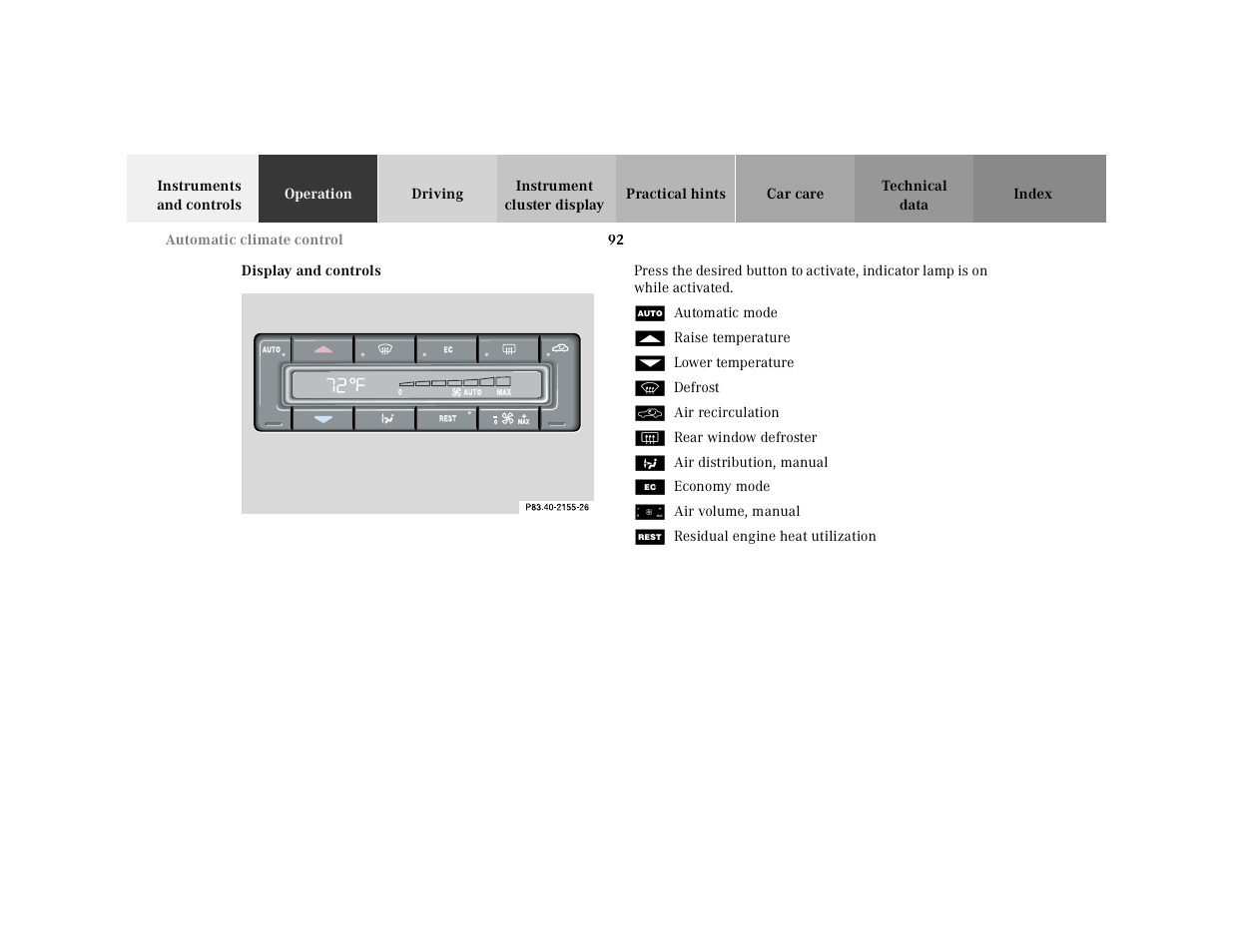 Display and controls, Graphic, Automatic mode | Raise temperature, Lower temperature, Defrost, Air recirculation, Rear window defroster, Air distribution, manual, Economy mode | Mercedes-Benz 2000 SL-Class User Manual | Page 96 / 297