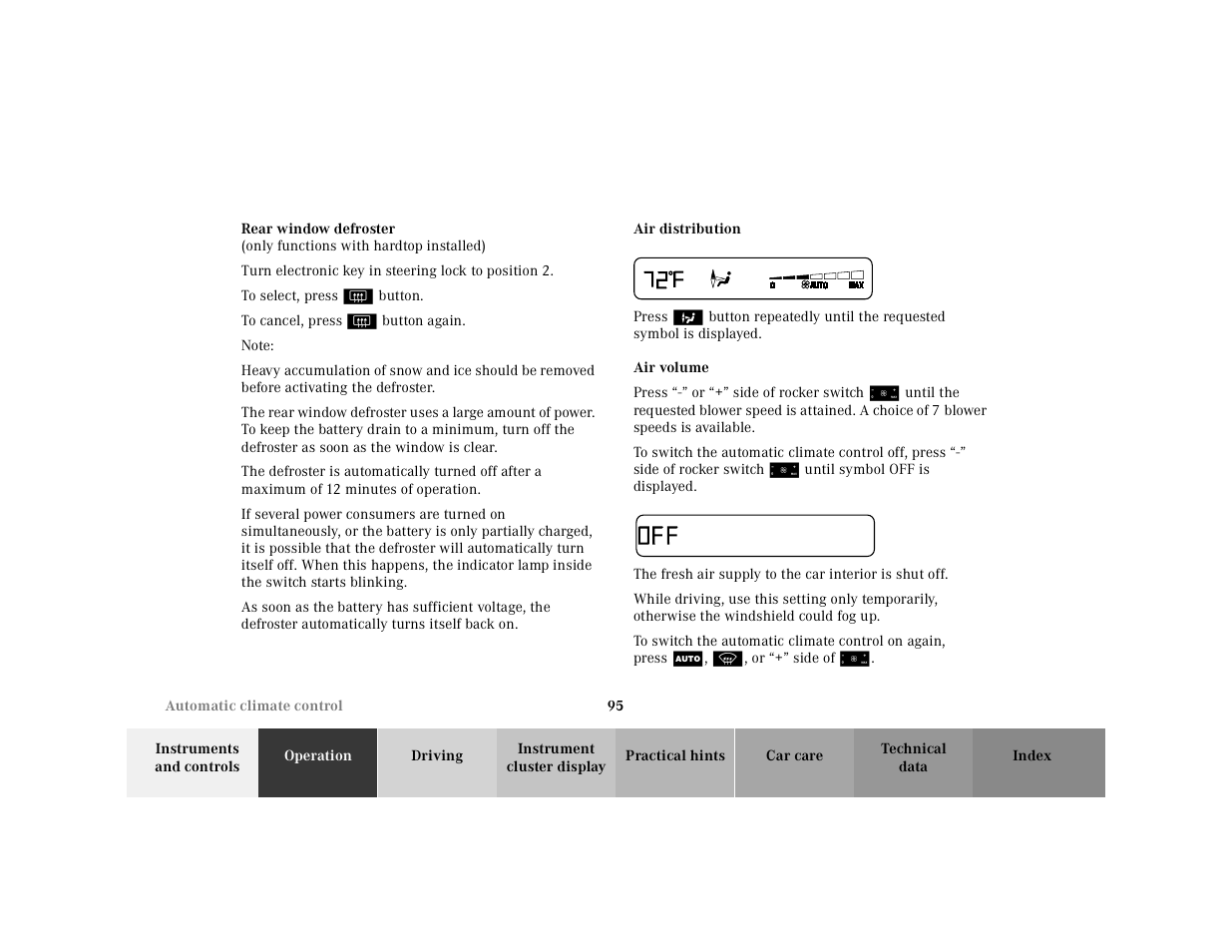 Rear window defroster, Turn electronic key in steering lock to position2, To select, press | To cancel, press, Note, Air distribution, Automatic climate control:air distribution, Graphic, Press, Air volume | Mercedes-Benz 2000 SL-Class User Manual | Page 99 / 297