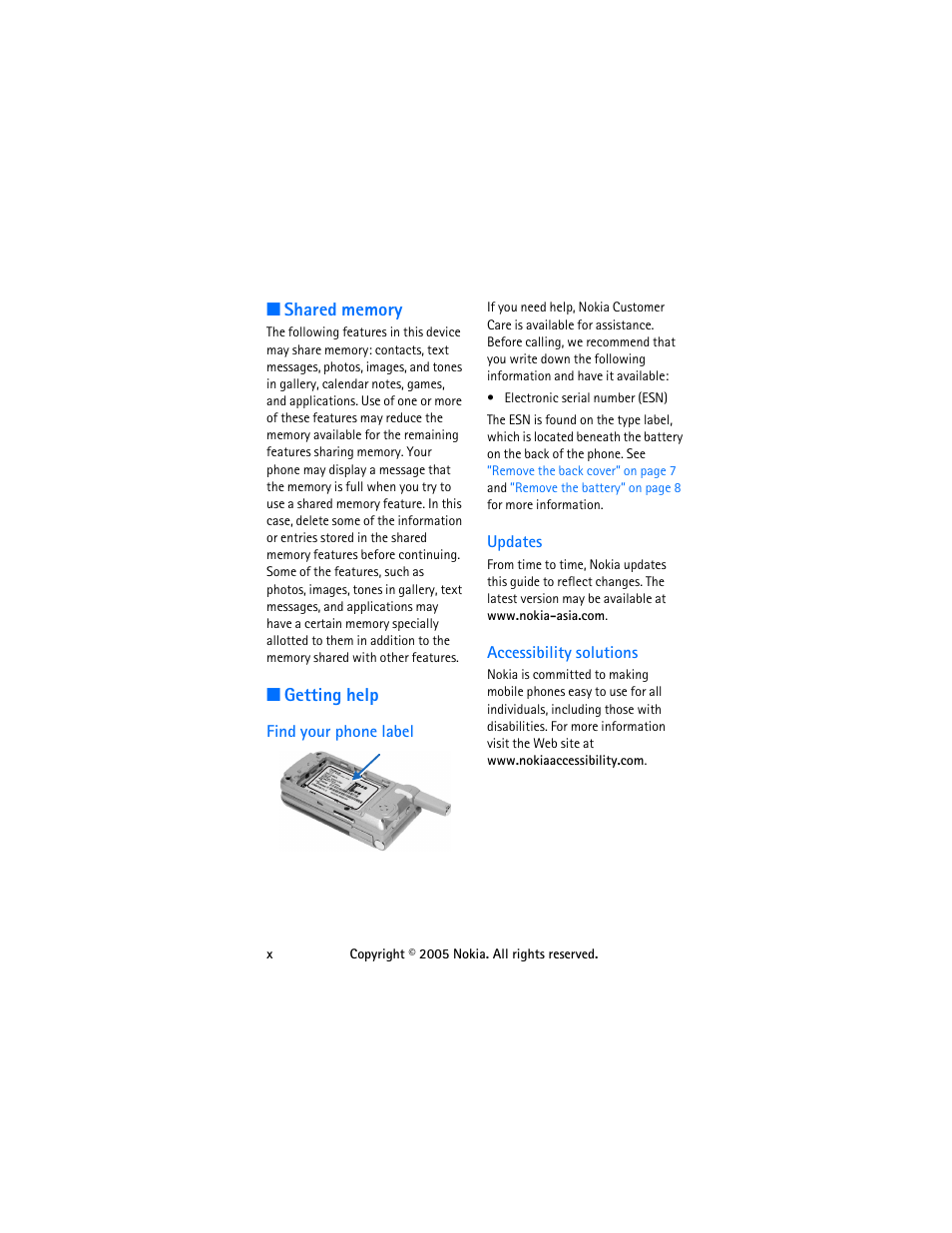 Shared memory, Getting help, Find your phone label | Updates, Accessibility solutions | Nokia 6255 User Manual | Page 10 / 105