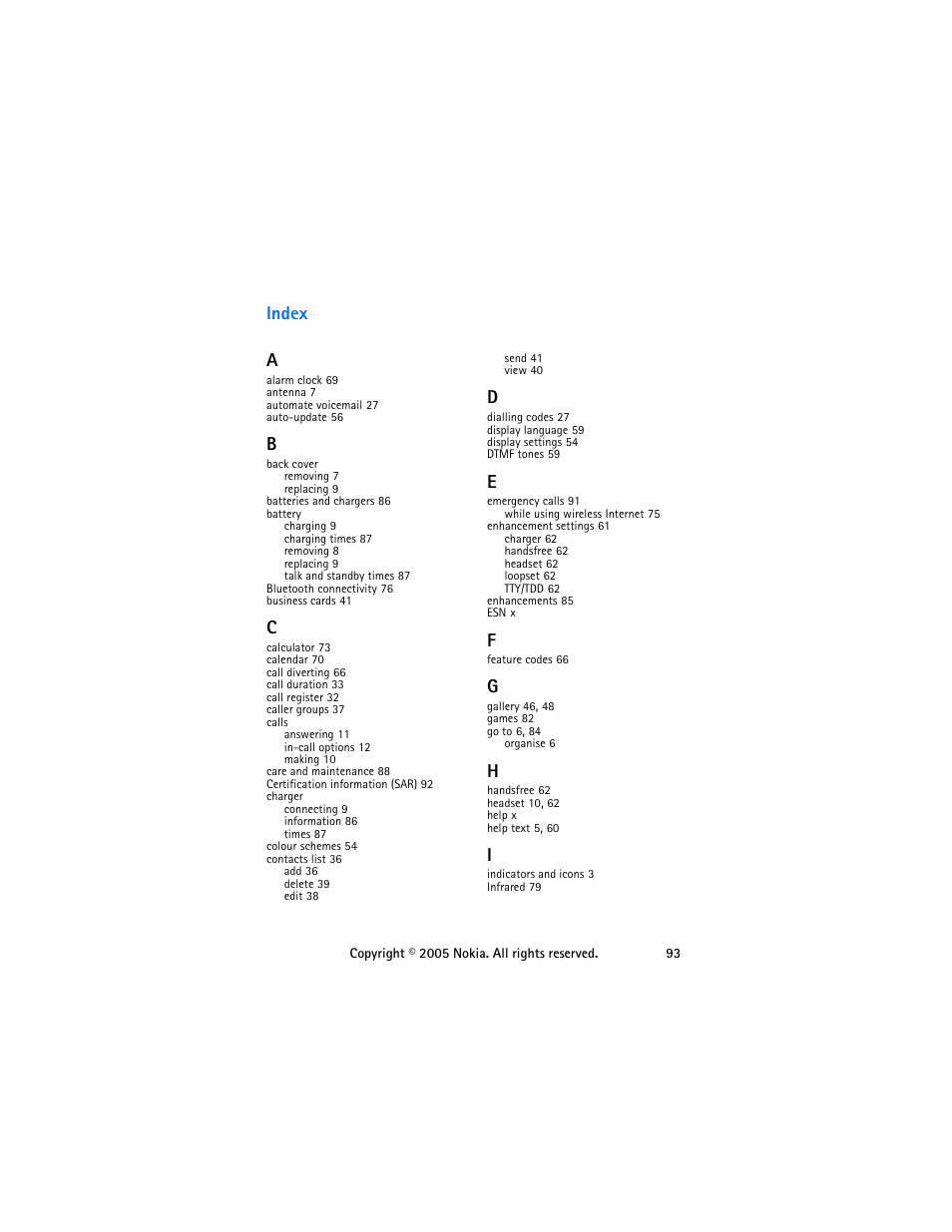 Index, Index a | Nokia 6255 User Manual | Page 103 / 105