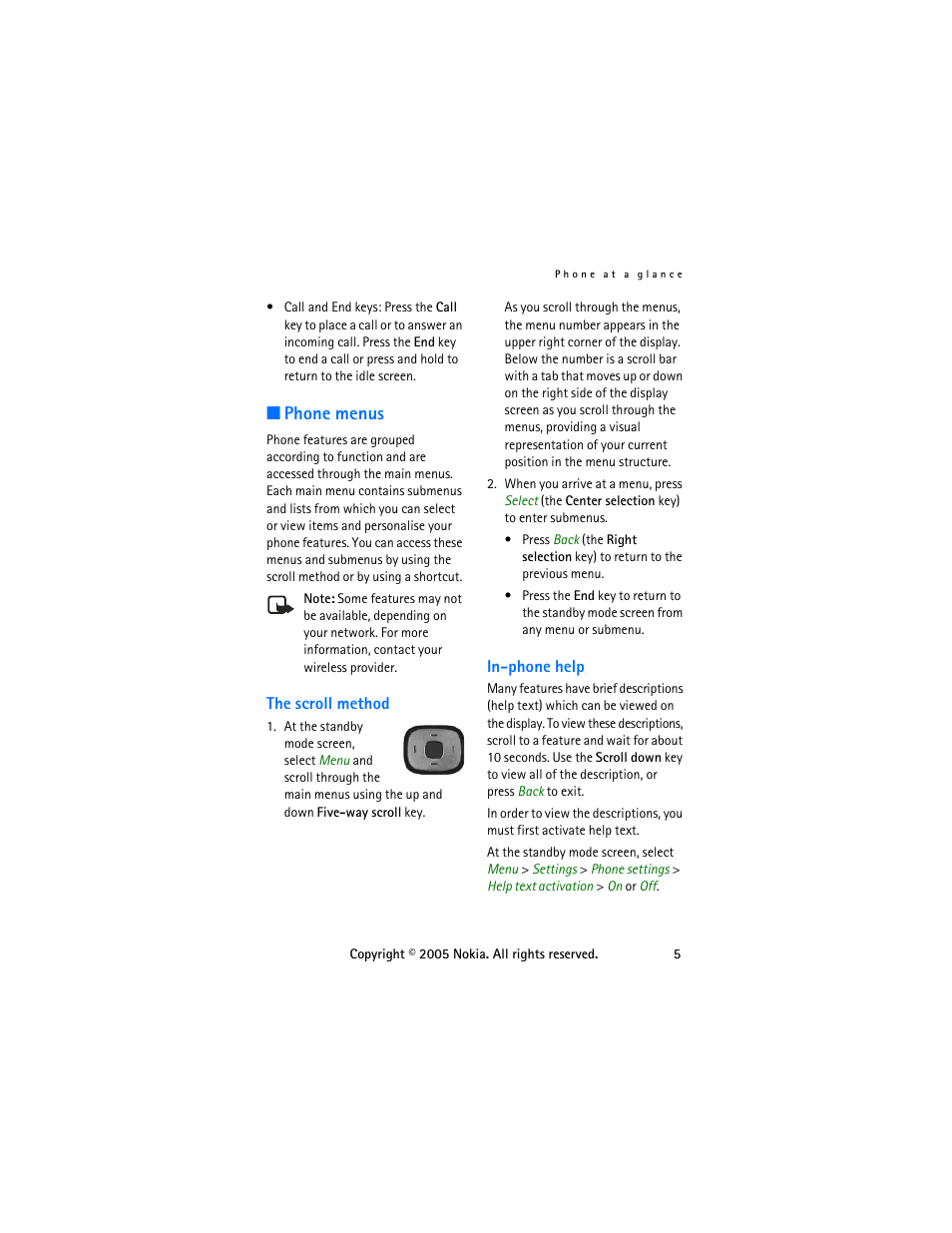 Phone menus, The scroll method, In-phone help | The scroll method in-phone help | Nokia 6255 User Manual | Page 15 / 105