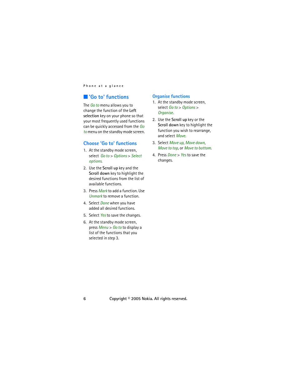 Go to’ functions, Choose ’go to’ functions | Nokia 6255 User Manual | Page 16 / 105