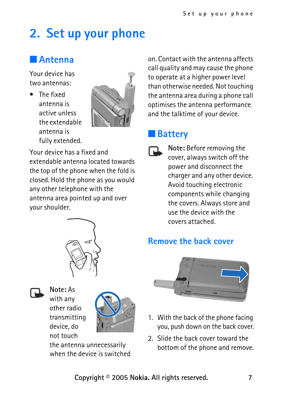Set up your phone, Antenna, Battery | Remove the back cover, Antenna battery | Nokia 6255 User Manual | Page 17 / 105
