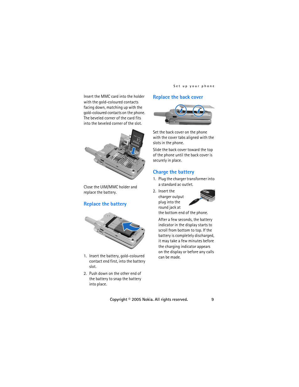 Replace the battery, Replace the back cover, Charge the battery | Nokia 6255 User Manual | Page 19 / 105