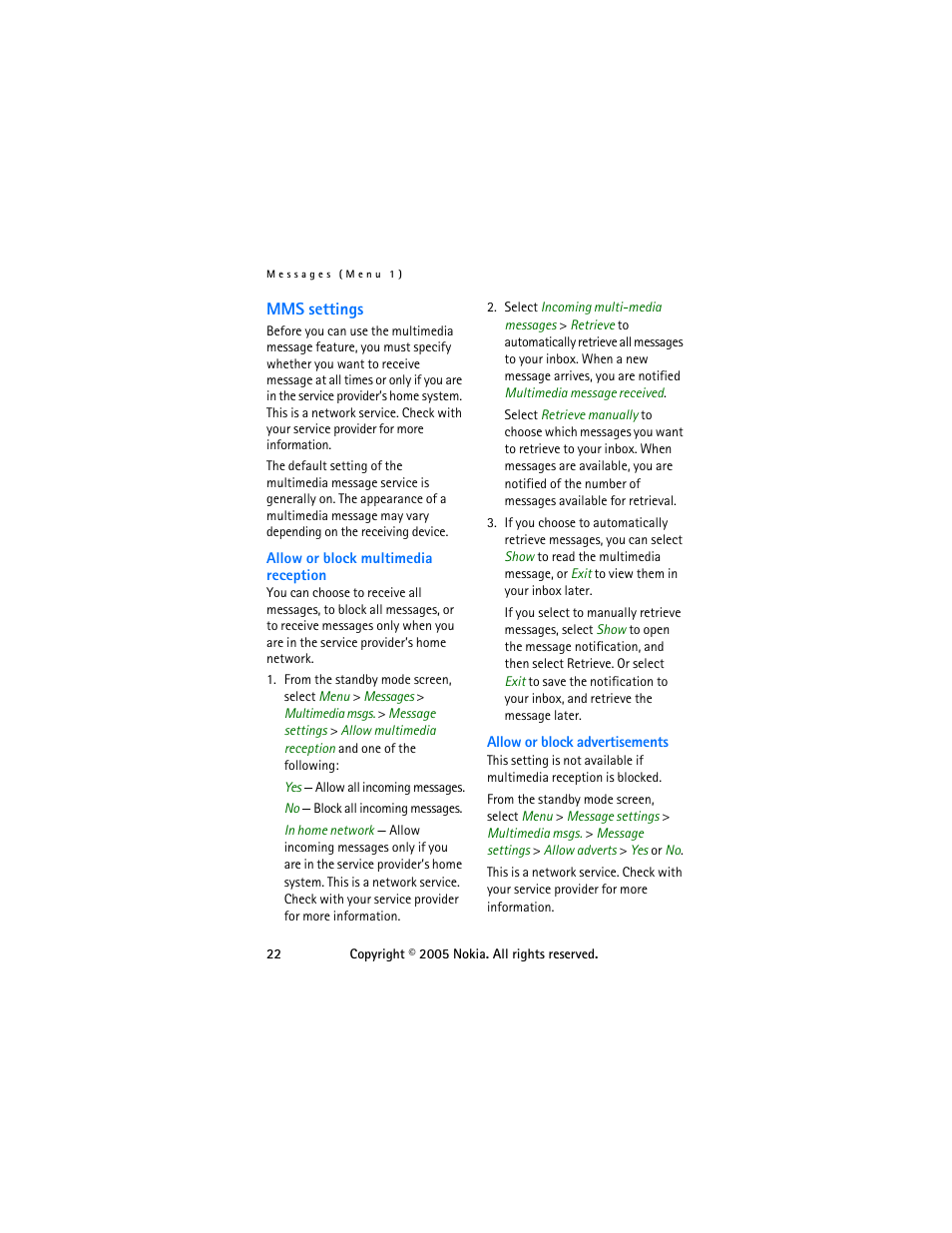 Mms settings | Nokia 6255 User Manual | Page 32 / 105