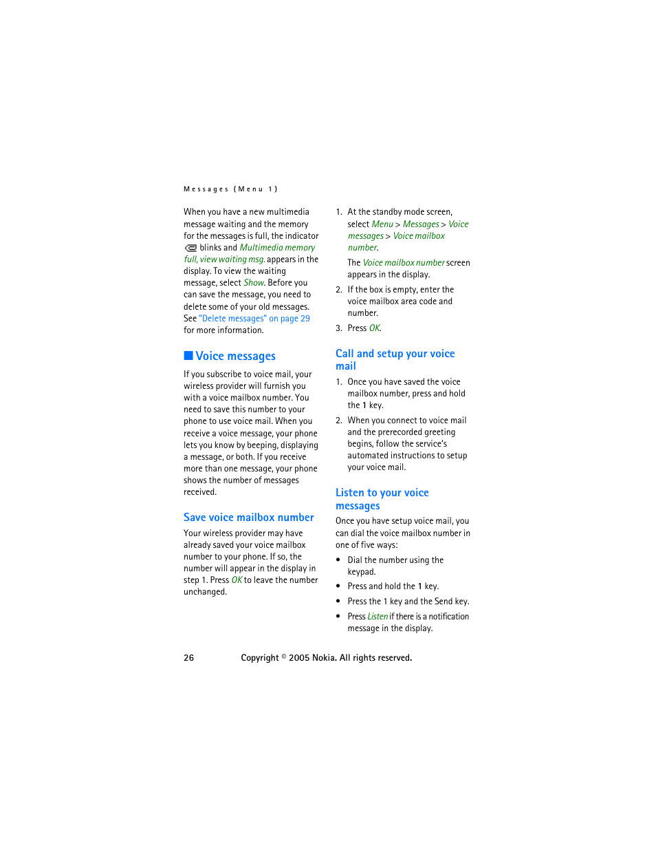 Voice messages, Save voice mailbox number, Call and setup your voice mail | Listen to your voice messages | Nokia 6255 User Manual | Page 36 / 105