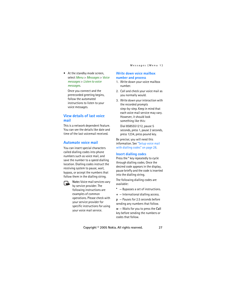 View details of last voice mail, Automate voice mail | Nokia 6255 User Manual | Page 37 / 105