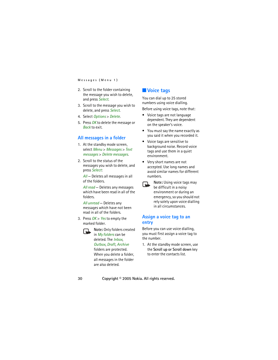 All messages in a folder, Voice tags, Assign a voice tag to an entry | Nokia 6255 User Manual | Page 40 / 105