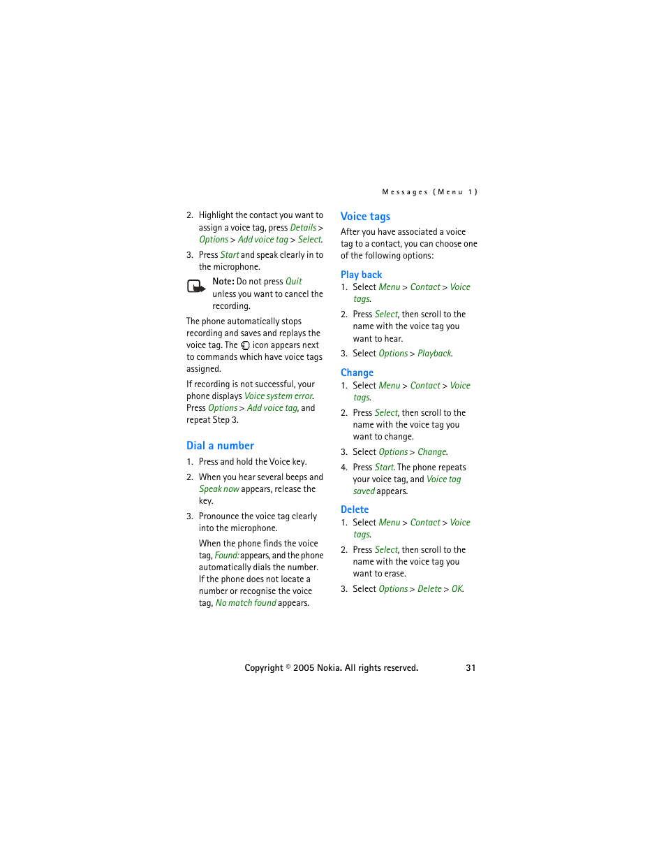 Dial a number, Voice tags, Dial a number voice tags | Nokia 6255 User Manual | Page 41 / 105
