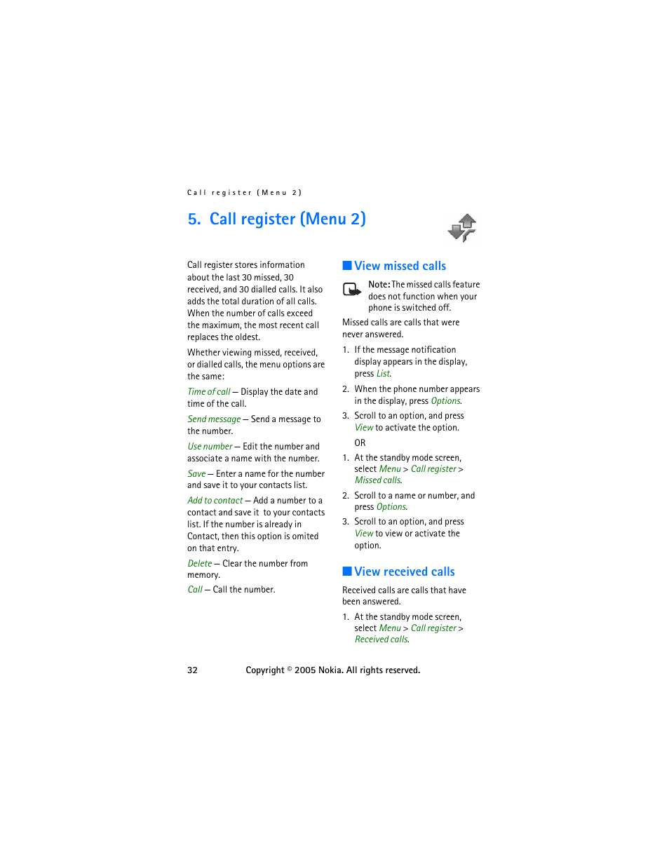 Call register (menu 2), View missed calls, View received calls | View missed calls view received calls | Nokia 6255 User Manual | Page 42 / 105