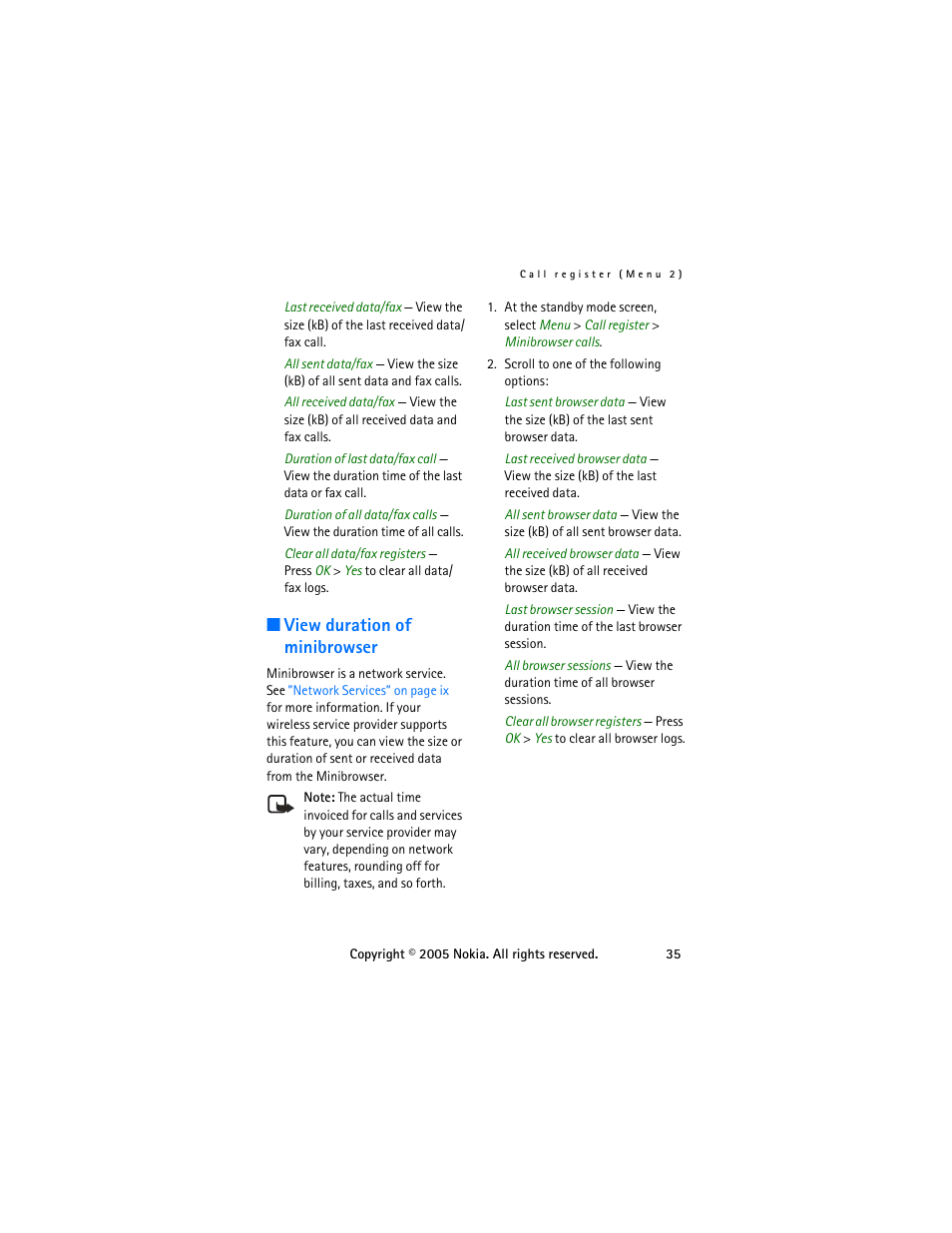 View duration of minibrowser | Nokia 6255 User Manual | Page 45 / 105