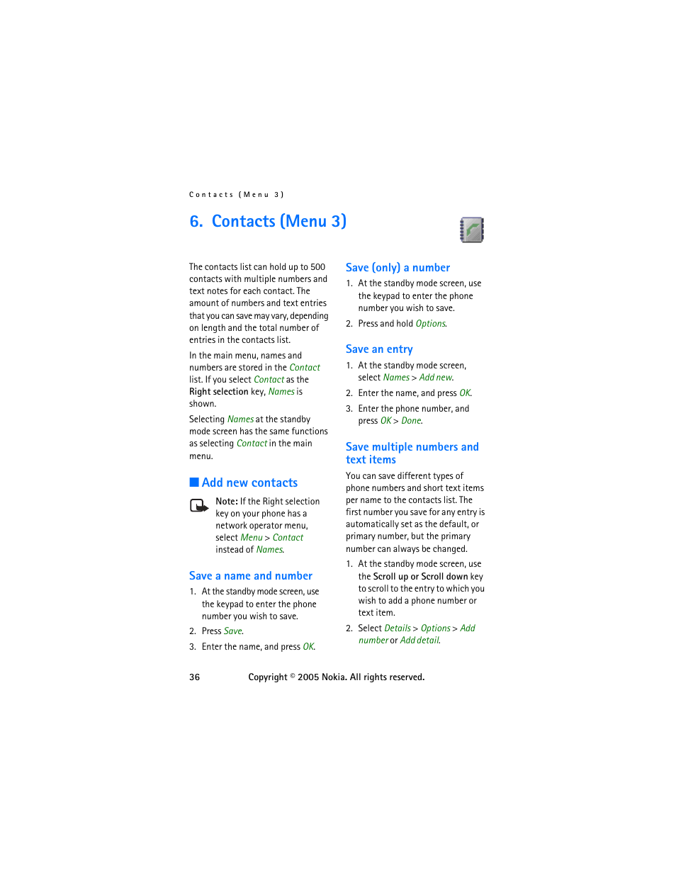 Contacts (menu 3), Add new contacts, Save a name and number | Save (only) a number, Save an entry, Save multiple numbers and text items | Nokia 6255 User Manual | Page 46 / 105