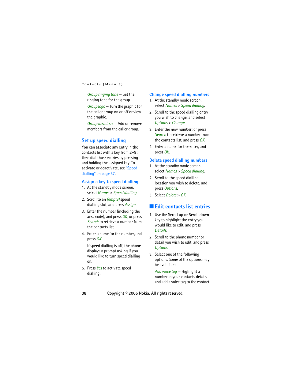 Set up speed dialling, Edit contacts list entries | Nokia 6255 User Manual | Page 48 / 105