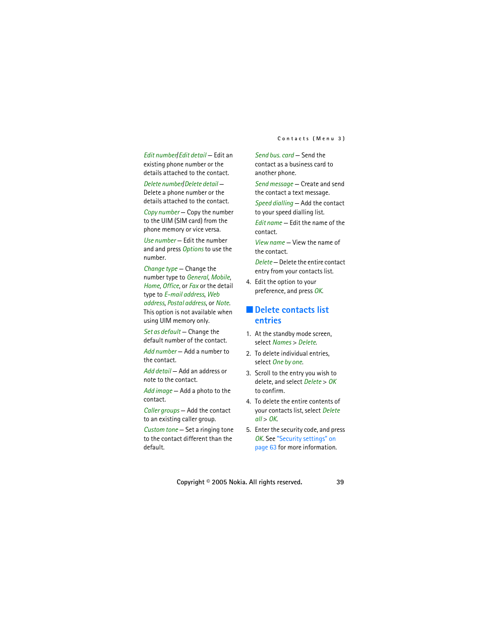 Delete contacts list entries | Nokia 6255 User Manual | Page 49 / 105