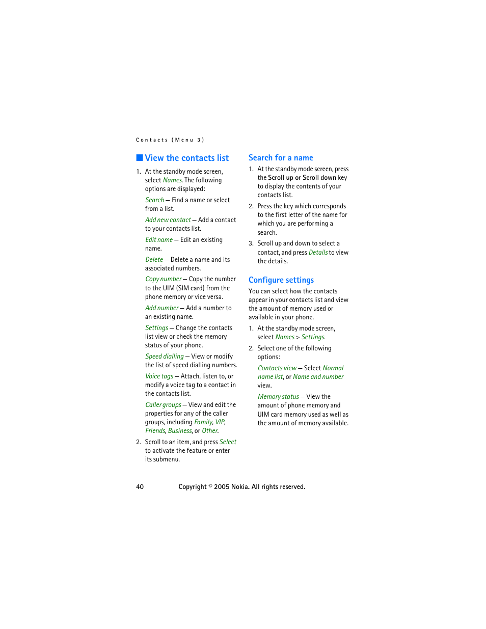 View the contacts list, Search for a name, Configure settings | Search for a name configure settings | Nokia 6255 User Manual | Page 50 / 105