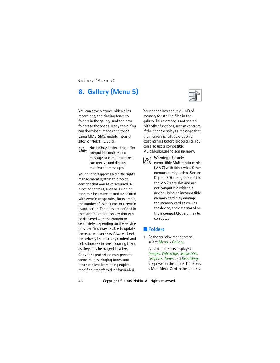 Gallery (menu 5), Folders | Nokia 6255 User Manual | Page 56 / 105
