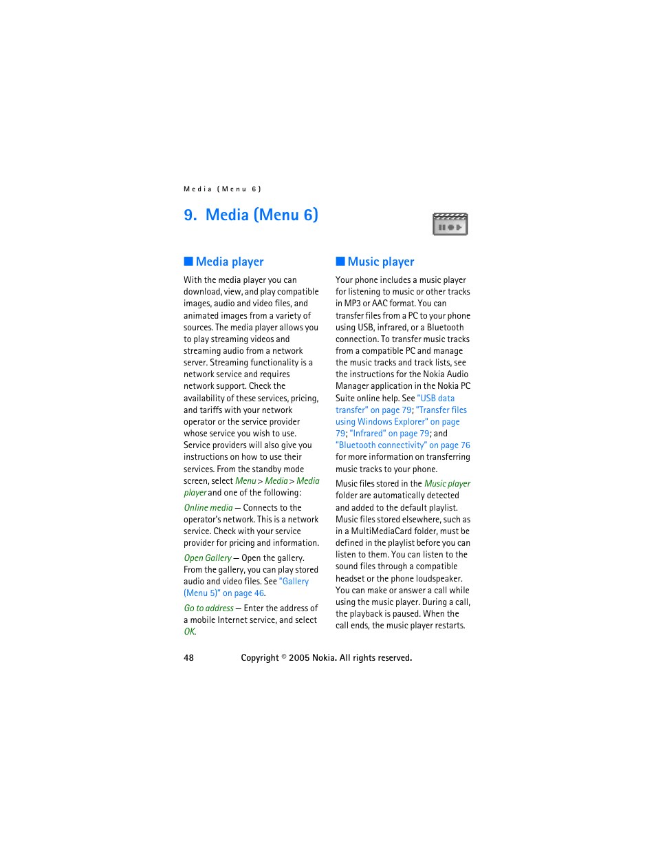 Media (menu 6), Media player, Music player | Media player music player | Nokia 6255 User Manual | Page 58 / 105