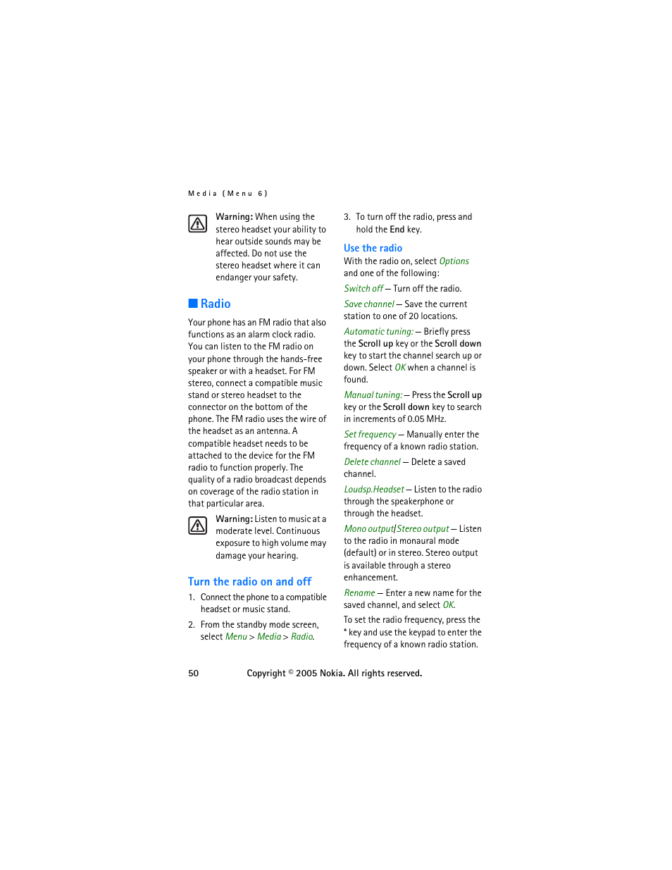 Radio, Turn the radio on and off | Nokia 6255 User Manual | Page 60 / 105