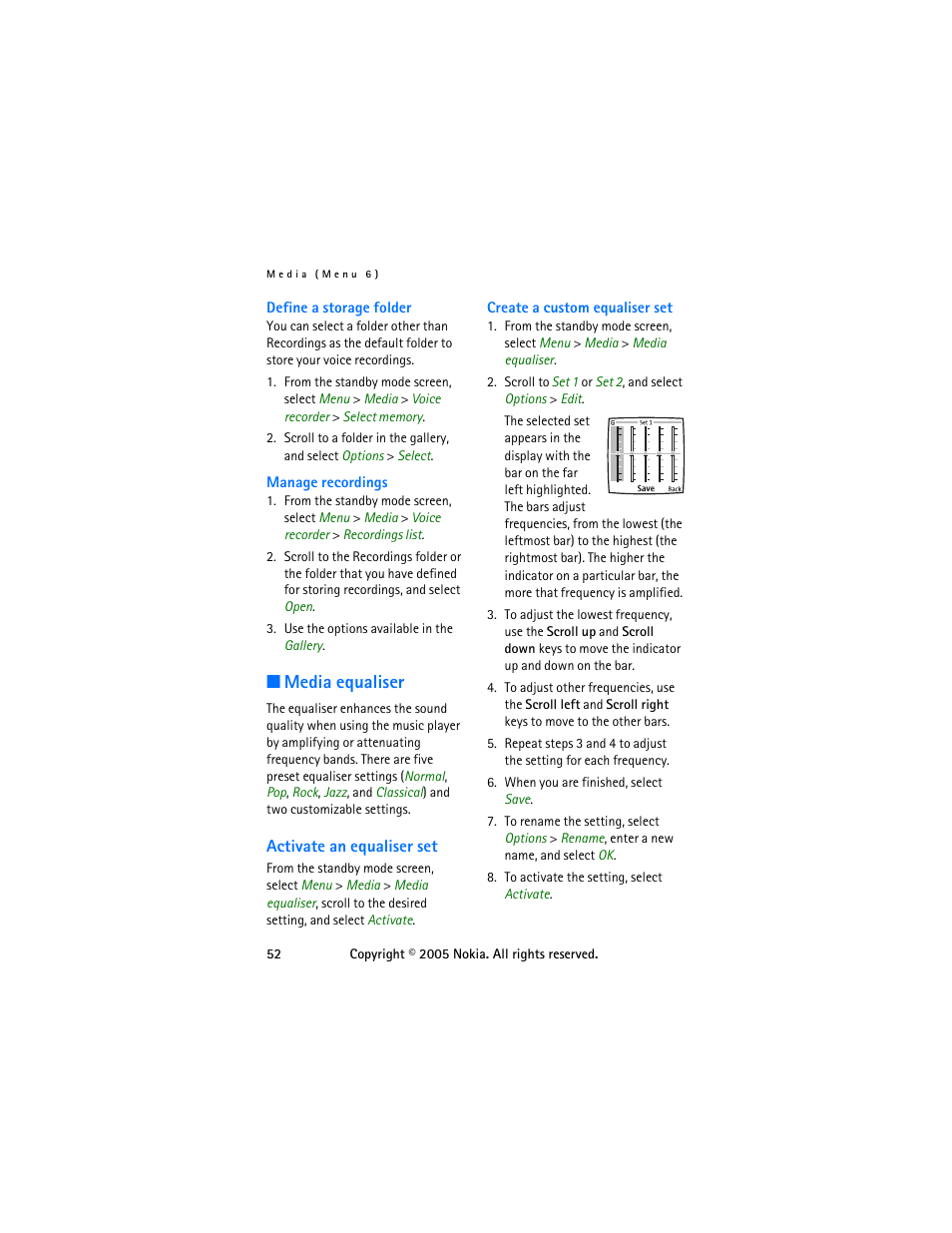 Media equaliser, Activate an equaliser set | Nokia 6255 User Manual | Page 62 / 105